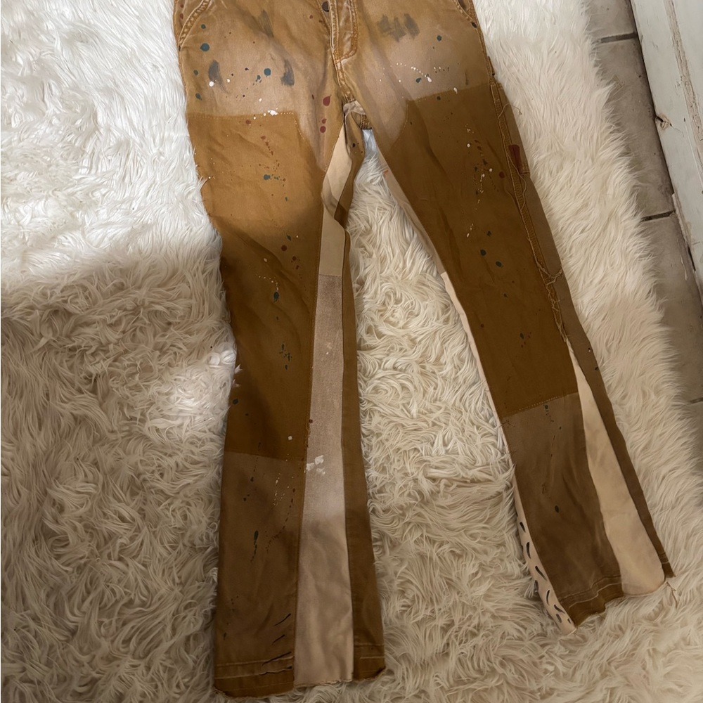 Brown Patchwork Pants With Paint Splatter - image 3
